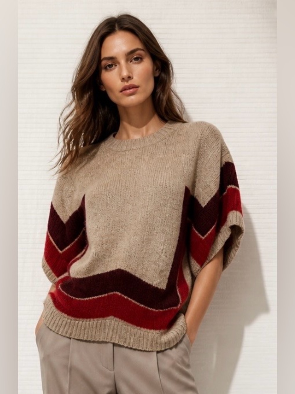DEREK LAM 10 CROSBY Pullover Sweater Wool Color Block Boxy Beige Red Purple